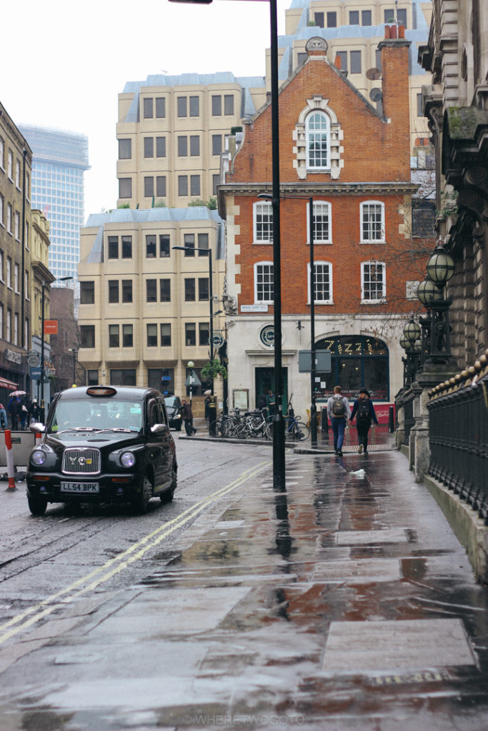 Black cab, grey sky.